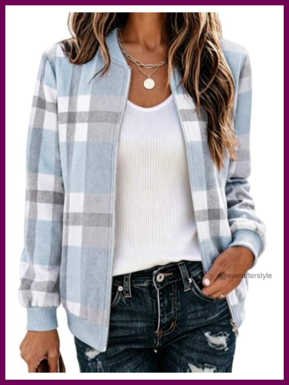 Womens Plaid Flannel Bomber Jacket Zip Up Lightweight Coat